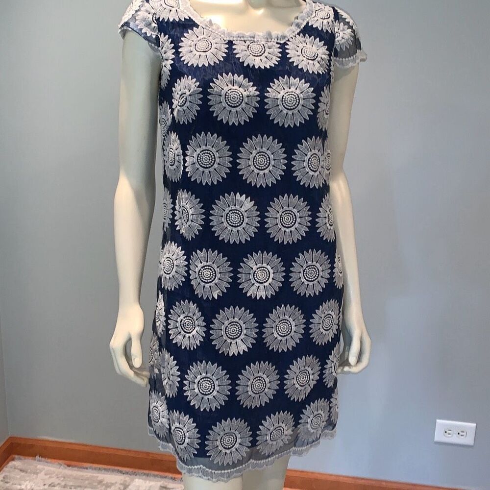 Betsey Johnson Sheer Layered Floral Crochet‎ A-Line Dress Navy Size